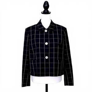 Brooks Brothers Cropped Wool Black Windowpane Blazer Italy Preppy Jacket Size 10
